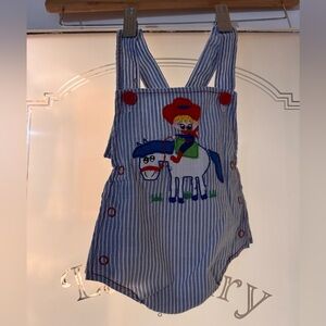 Vintage Striped Blue Overalls with Cowboy and Horse Embroidery